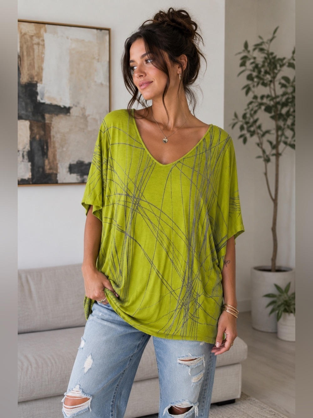 Vintage Y2K Vanilla Sugar Relaxed V-Neck Lime Green Graphic Top Size L Boho